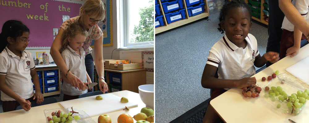 children chopping up fruit