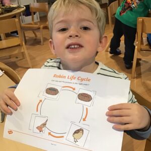 student holding up a diagram of the robin life cycle